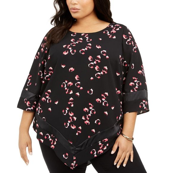 Alfani Womens Plus Size Black Floral Print 3/4 Sleeve Pointed Hem Scoop Neck Top - Picture 1 of 6